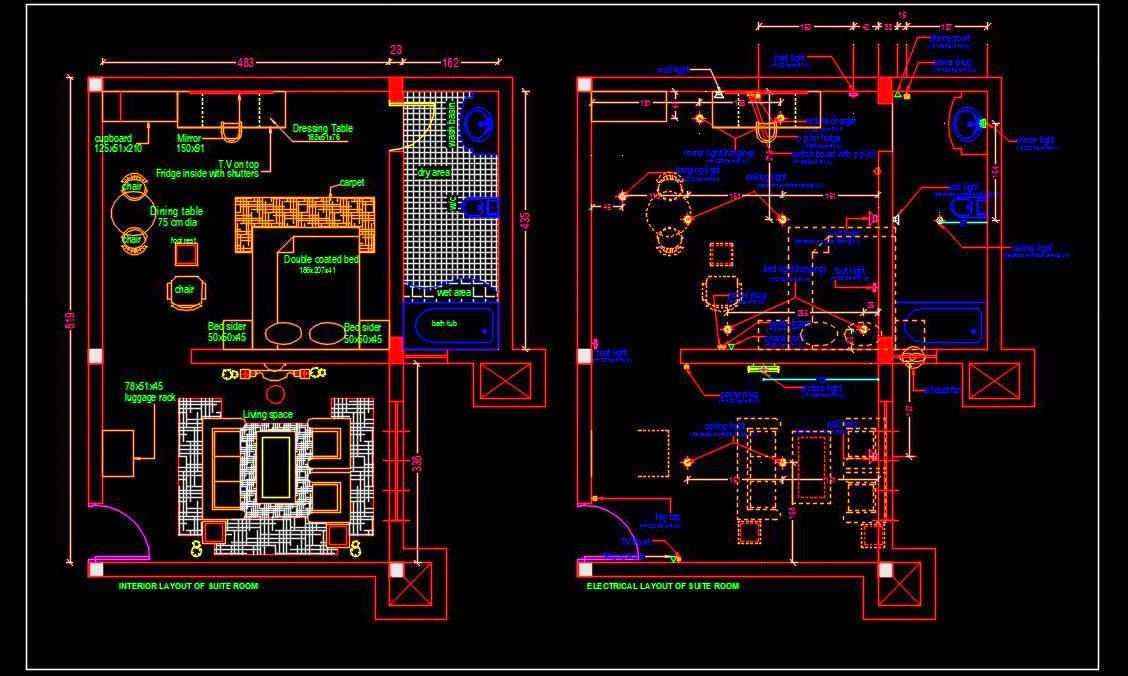 Hotel Suite Room Design DWG- Complete Furniture and Electrical Plan